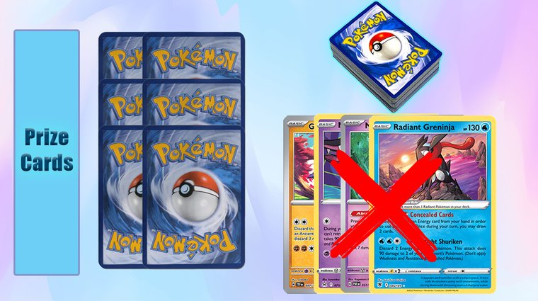 A graphic illustrating Pokémon TCG win conditions: six face-down cards labeled "Prize Cards" on the left, a draw deck on the top right, and a group of Pokémon cards crossed out with a large red "X" on the bottom right to signify having no cards.