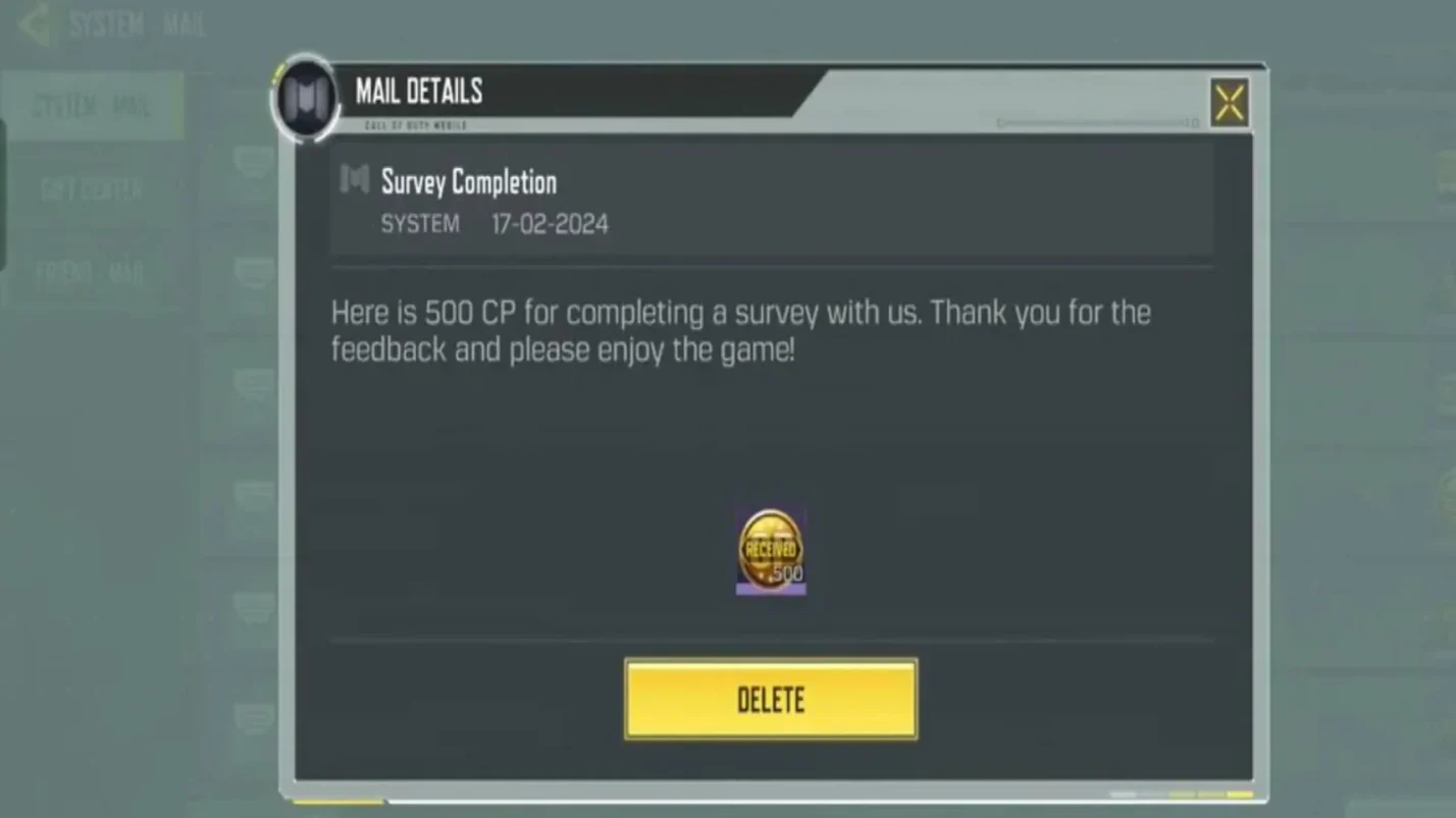 Mail displaying earned 500 CP through completing a survey