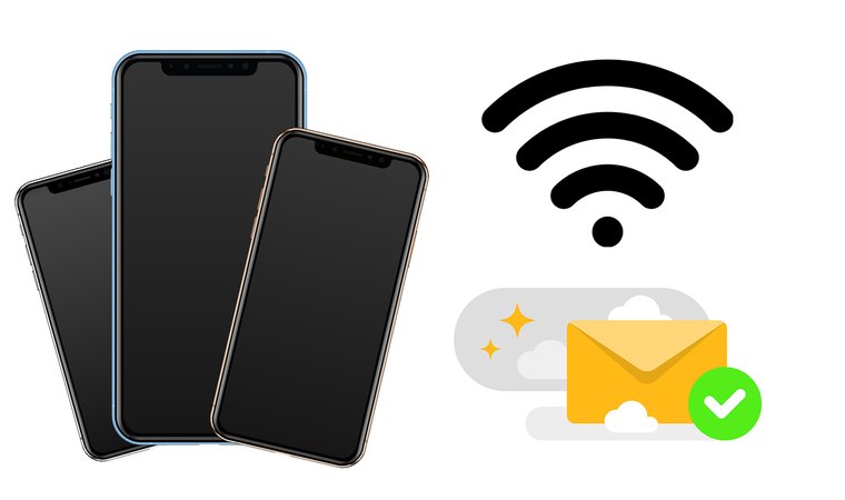 Three iPhones are displayed alongside a Wi-Fi signal symbol and an envelope icon with a green checkmark.
