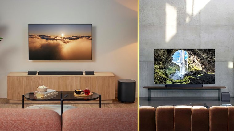 Split screen showing JBL Bar 1000mk2 and Samsung Q990F soundbar systems.