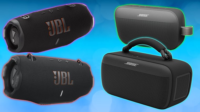 JBL Charge 6 and Xtreme 4 and Bose SoundLink Flex and SoundLink Max portable speakers on a blue background.