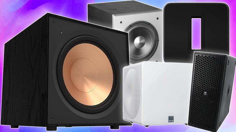 A collage of five different subwoofers from Klipsch, SVS, and Sonos brands, displayed against a vibrant purple abstract background.