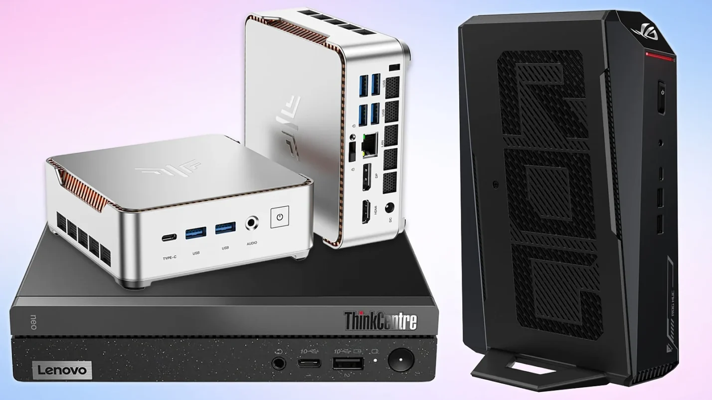 Mini PCs: Lenovo ThinkCentre neo 50q Gen 4, KAMRUI EssenX E2 silver units, and vertical ASUS ROG NUC gaming PC