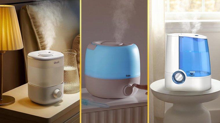 Three humidifiers, Levoit Classic 160 Plus, Frida Baby 3-in-1, and Vicks Warm Mist, separated by two vertical yellow bars.