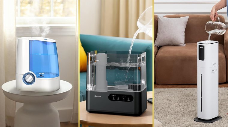 LEVOIT OasisMist, BREEZOME and Vicks V745 humidifiers split by two vertical bars.