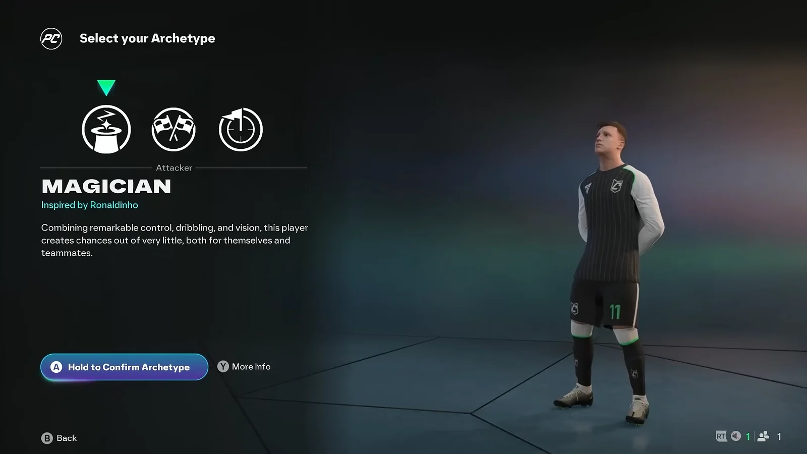 EA Sports FC in-game menu selecting the Magician attacker archetype inspired by Ronaldinho