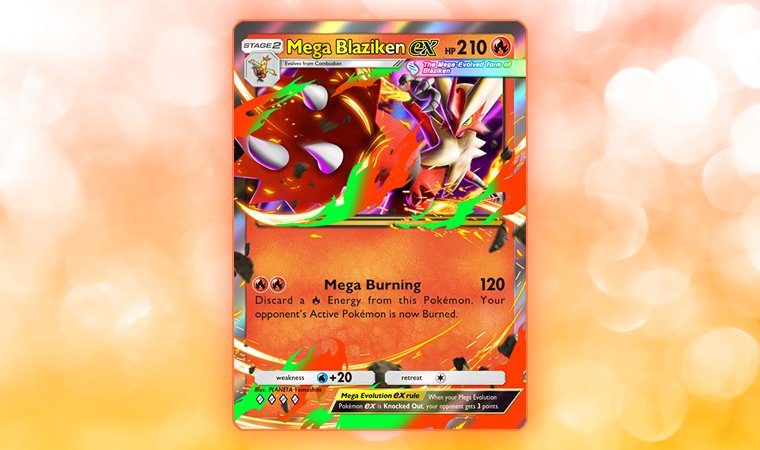 Mega Blaziken EX Pokémon TCG card with explosive, fiery artwork.