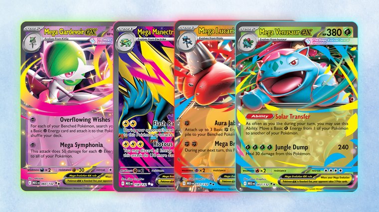 Four Mega Evolution Pokémon ex cards featuring vibrant artwork: Mega Gardevoir ex, Mega Manectric ex, Mega Lucario ex, and Mega Venusaur ex.