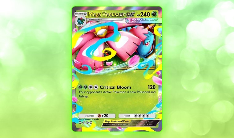 Mega Venusaur EX Pokémon TCG card with vibrant, blooming floral artwork.