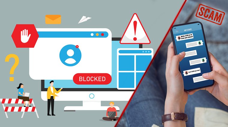 The left side shows a computer screen with a "Blocked" notification and warning icons, while the right side features a smartphone displaying unrealistic text messages like "Earn $500 per day," stamped with a red "SCAM" seal.