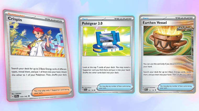 Three Pokémon Trainer cards: Crispin, Pokégear 3.0, and Earthen Vessel displayed side by side.