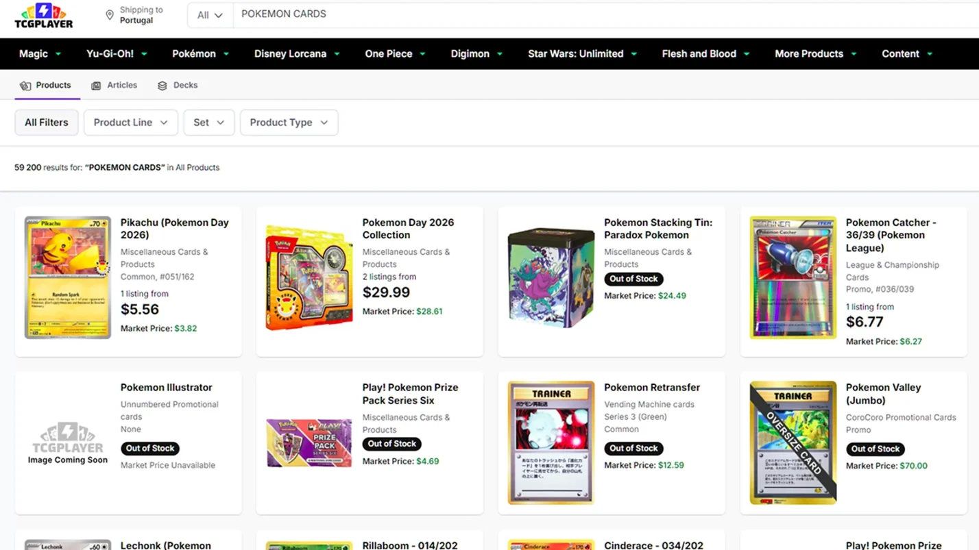 Pokemon cards listing on TCGPlayer
