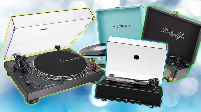 A collage of four vinyl players on a blue background, featuring a black Audio-Technica turntable, a light blue Victrola suitcase player, a black Retrolife portable player, and a modern all-in-one turntable.