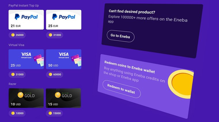 Snakzy reward redemption options for PayPal, Virtual Visa, Razer Gold, and Eneba wallet credits.