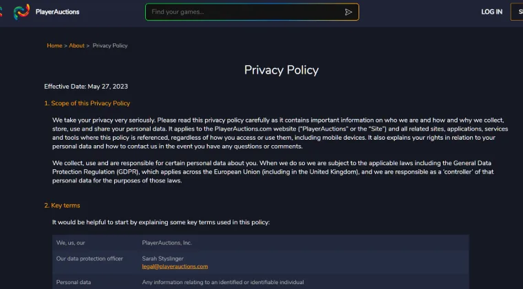 PlayerAuctions Privacy policy
