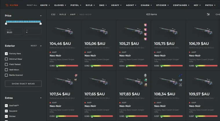 List of skins with prices