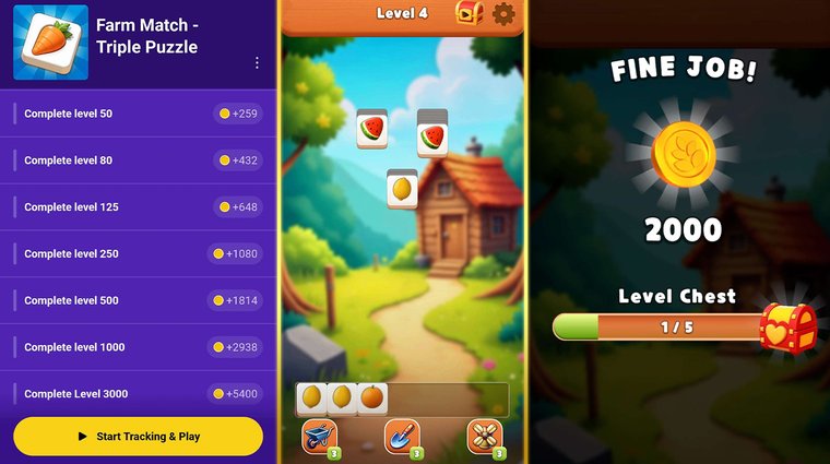 Tres capturas de pantalla del móvil en las que se muestra la interfaz de la aplicación Snakzy: una lista de recompensas por completar los niveles de «Farm Match», una pantalla del juego de puzles y una pantalla de victoria con el mensaje «¡Buen trabajo!» en la que se otorgan 2000 monedas.