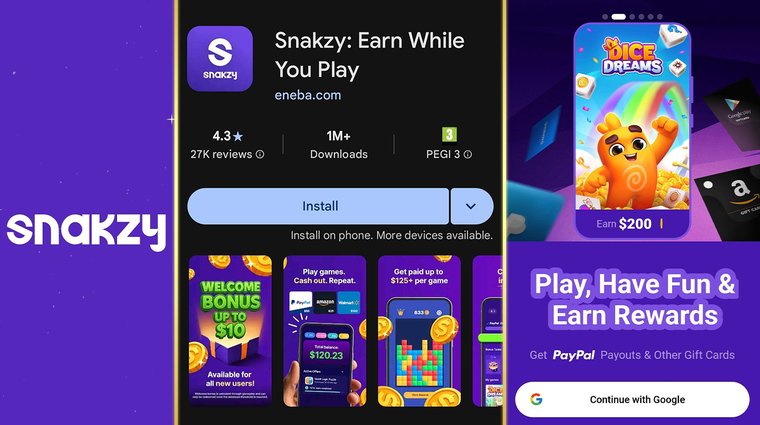 A promotional graphic for the Snakzy app, displaying its app store installation page, gameplay screenshots, and text promising "Play, Have Fun & Earn Rewards" via PayPal and gift cards.