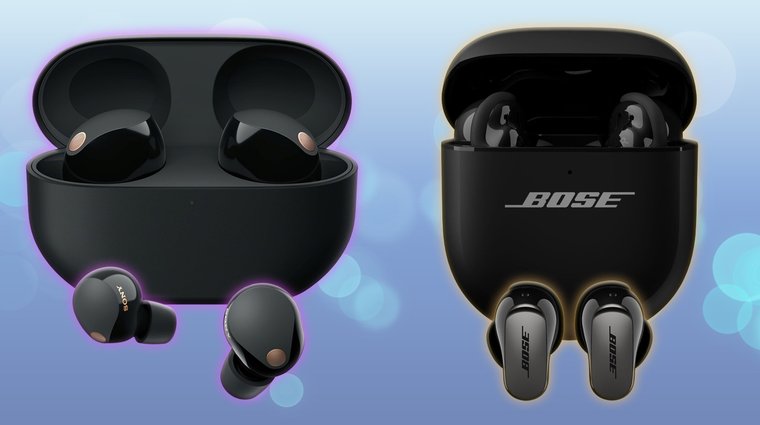 The Sony WF-1000XM5 and Bose QuietComfort earbuds displayed side-by-side with their open charging cases.