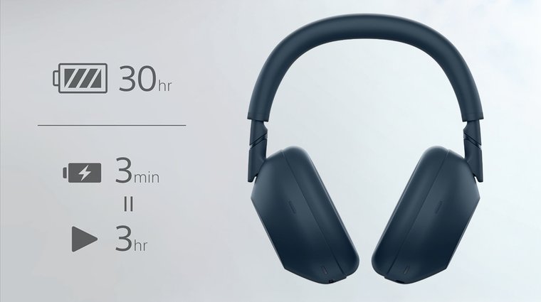 Sony WH-1000XM6 headphones and icons indicating a 30hr battery and 3-minute quick charge providing 3 hours of listening.