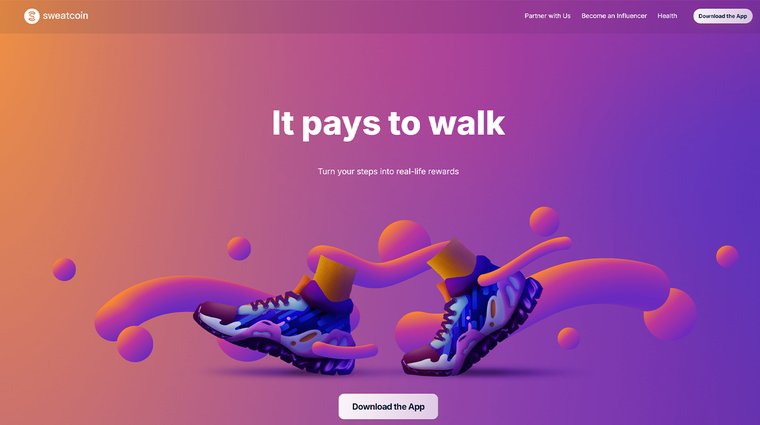 Homepage of Sweatcoin featuring the slogan "It pays to walk" and a stylized illustration of sneakers, offering rewards for physical activity.