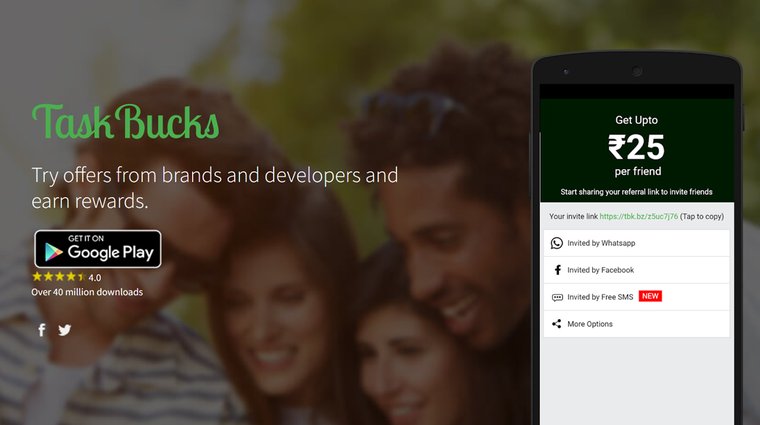 TaskBucks homepage showing a phone screen with a referral offer of "Get Upto ₹25 per friend" set against a blurred background of people.