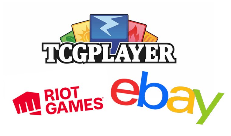 TCGplayer, Riot Games and eBay logos on a white background.