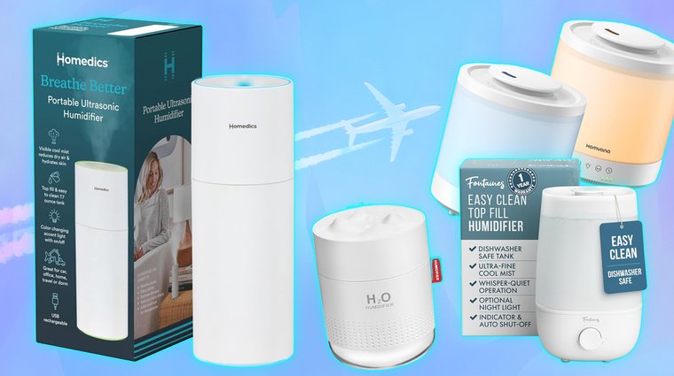 Assorted compact travel humidifiers in different designs and colors, including cylindrical and mini models.
