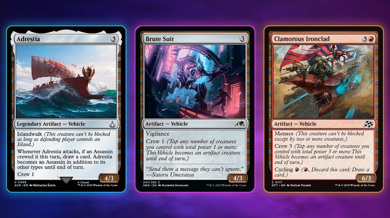 Three MTG Vehicle cards side-by-side: Adrestia, Brute Suit, and the Clamorous Ironclad.