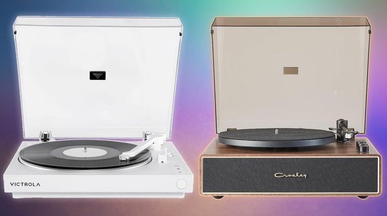 A split image comparing two turntable designs: the sleek, all-white Victrola Fully Automatic Turntable on the left, and the mid-century modern Crosley CR6046A with a walnut finish and grey fabric speaker grille on the right.