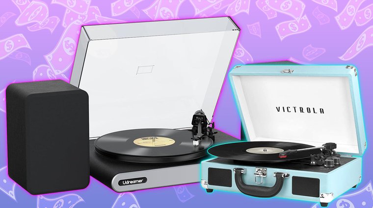 A Udreamer turntable with a bookshelf speaker alongside a light blue Victrola Journey portable suitcase record player on a purple background.