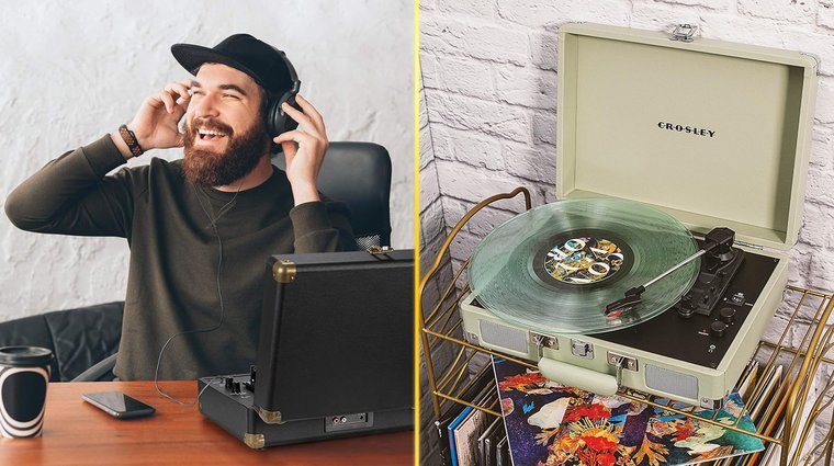 A man listening to headphones connected to a black vinyl record player suitcase, shown alongside a mint green Crosley Cruiser Plus turntable playing a clear record.