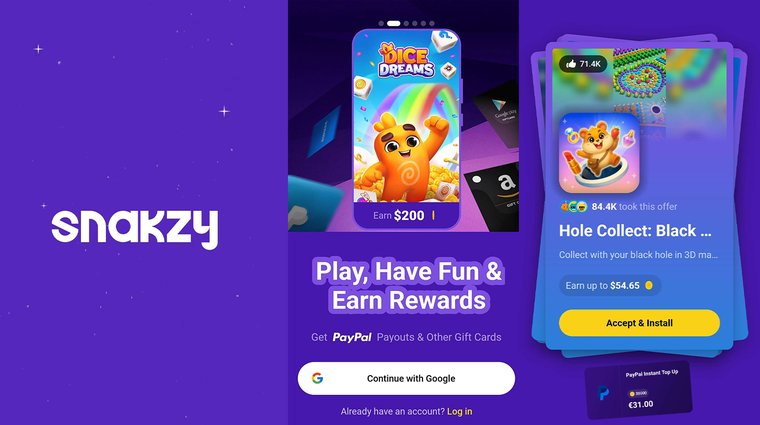 El logotipo de Snakzy sobre un fondo morado, el eslogan «Juega, diviértete y gana recompensas», y elementos de la interfaz móvil que muestran ofertas de juegos como «Dice Dreams» y «Hole Collect», con ganancias en efectivo.