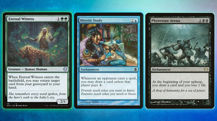 Three Magic: The Gathering cards illustrating triggered ability keywords: Eternal Witness "When", Rhystic Study "Whenever", and Phyrexian Arena "At".