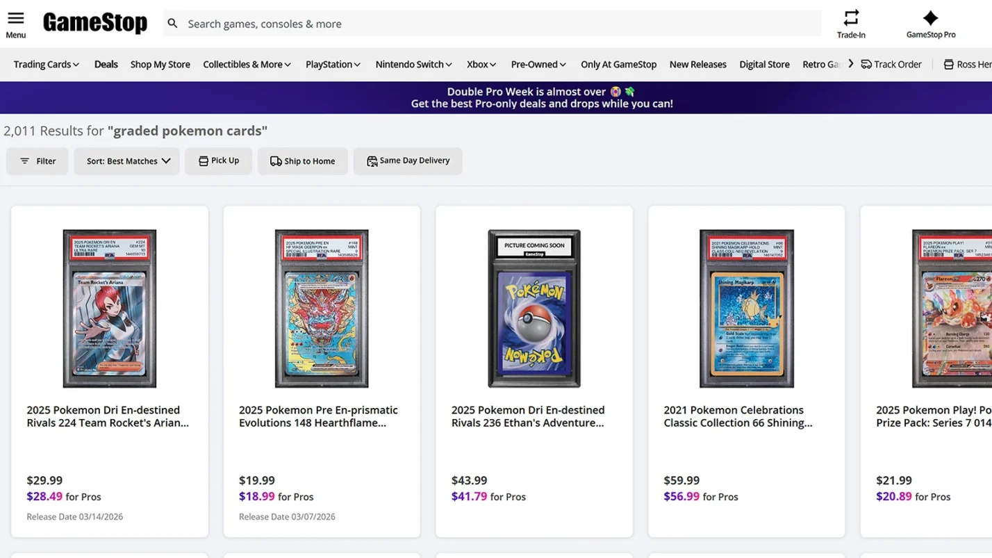 Graded Pokemon cards listing on GameStop webiste
