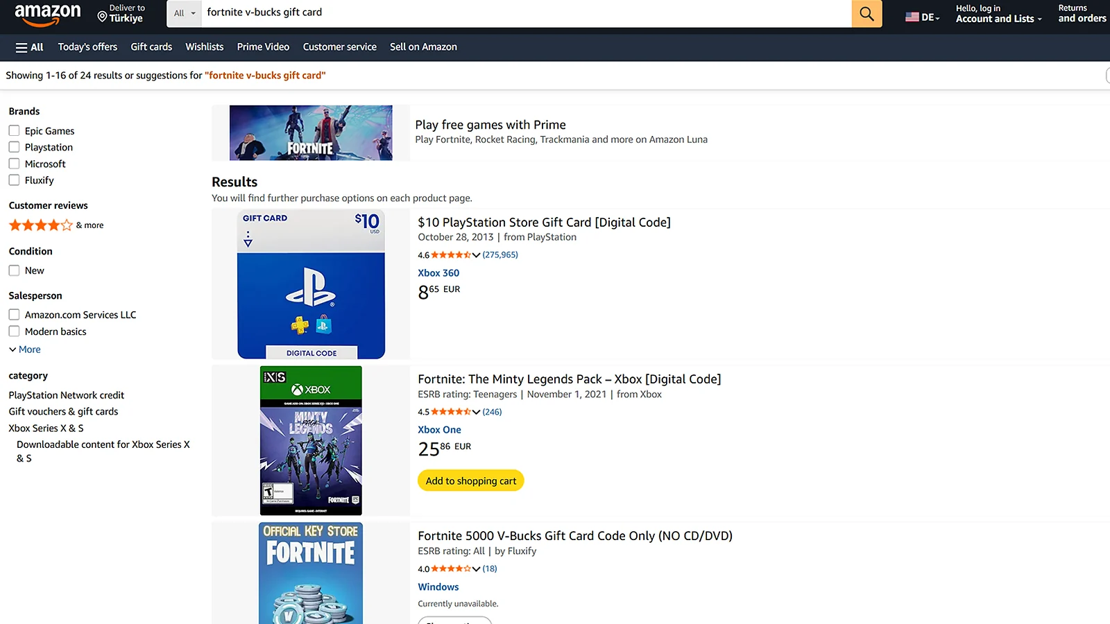 V-bucks gift cards on Amazon