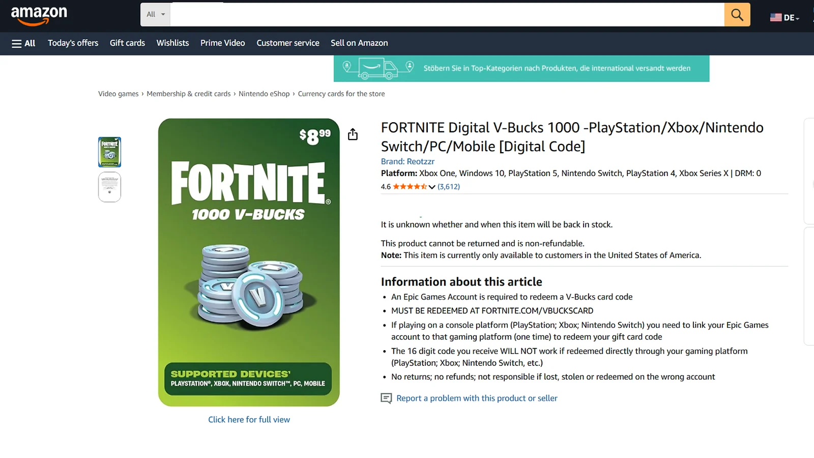 Amazon product page displaying Fortnite gift cards available for purchase