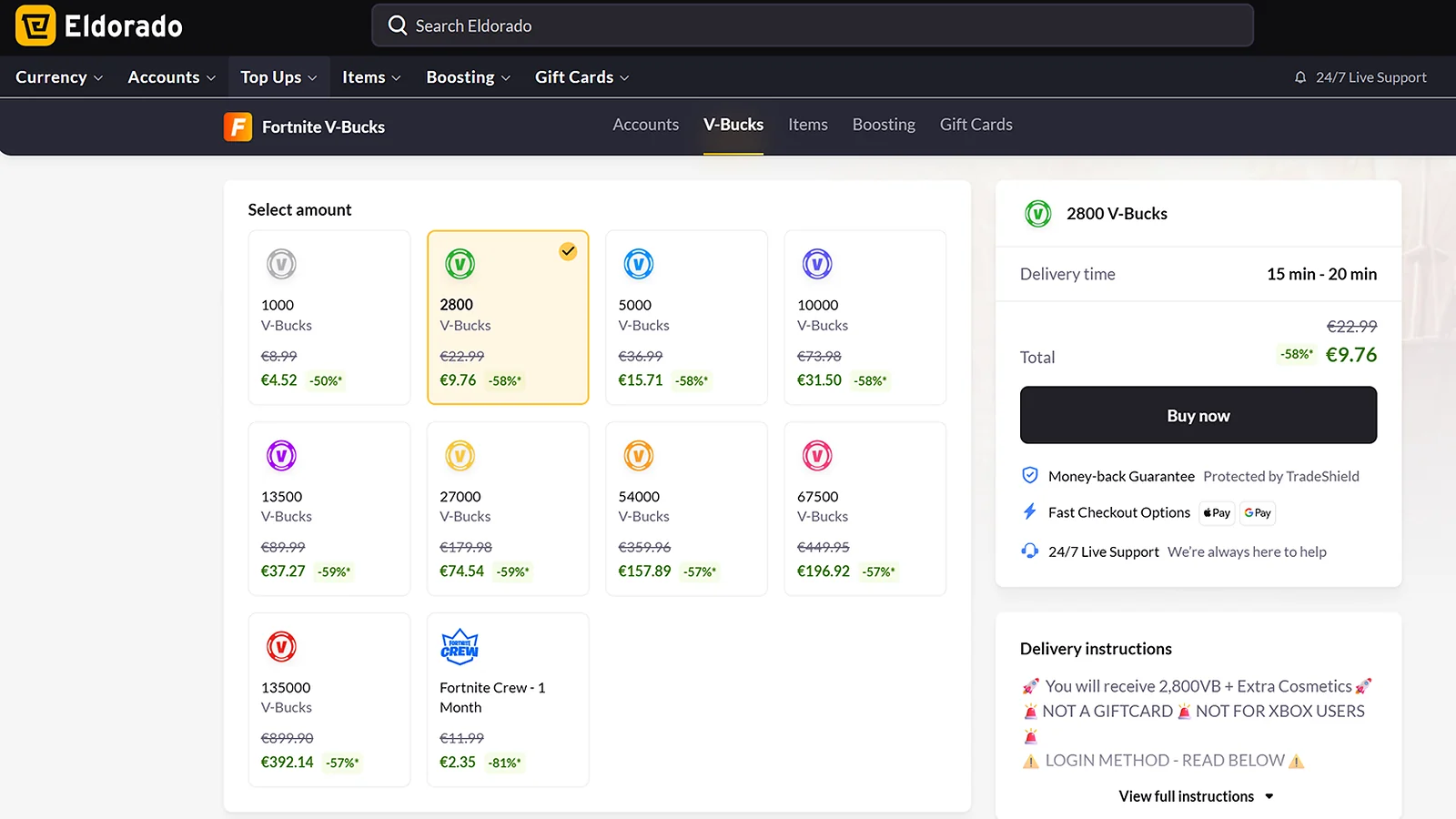 Eldorado website with V bucks pricing