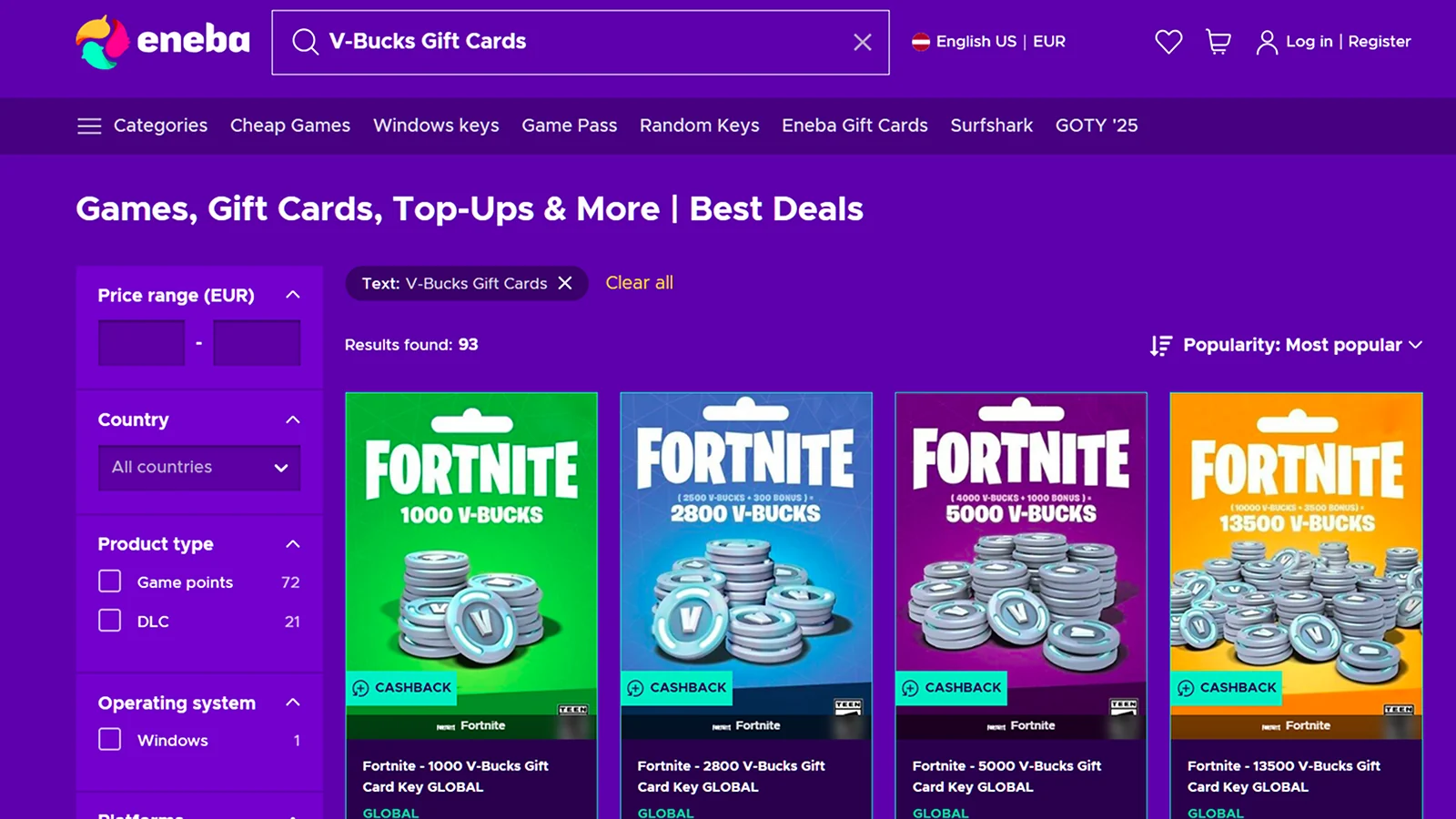 Eneba website with Fortnite V-bucks  gift cards listing