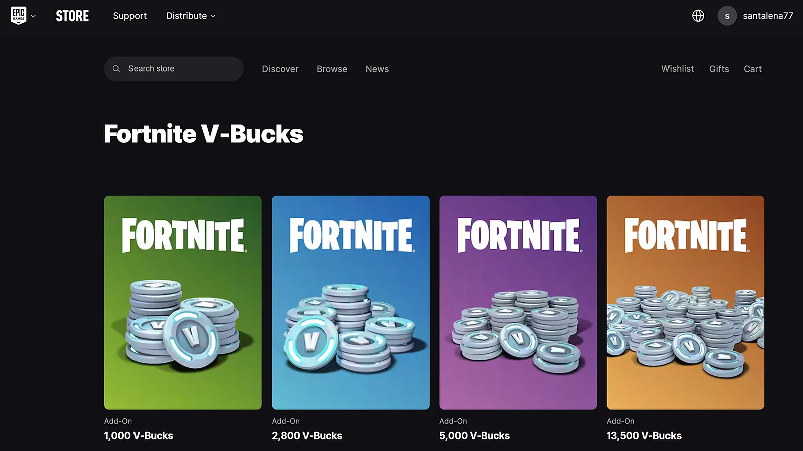 Fortnite V-bucks gift cards on Epic Games Store