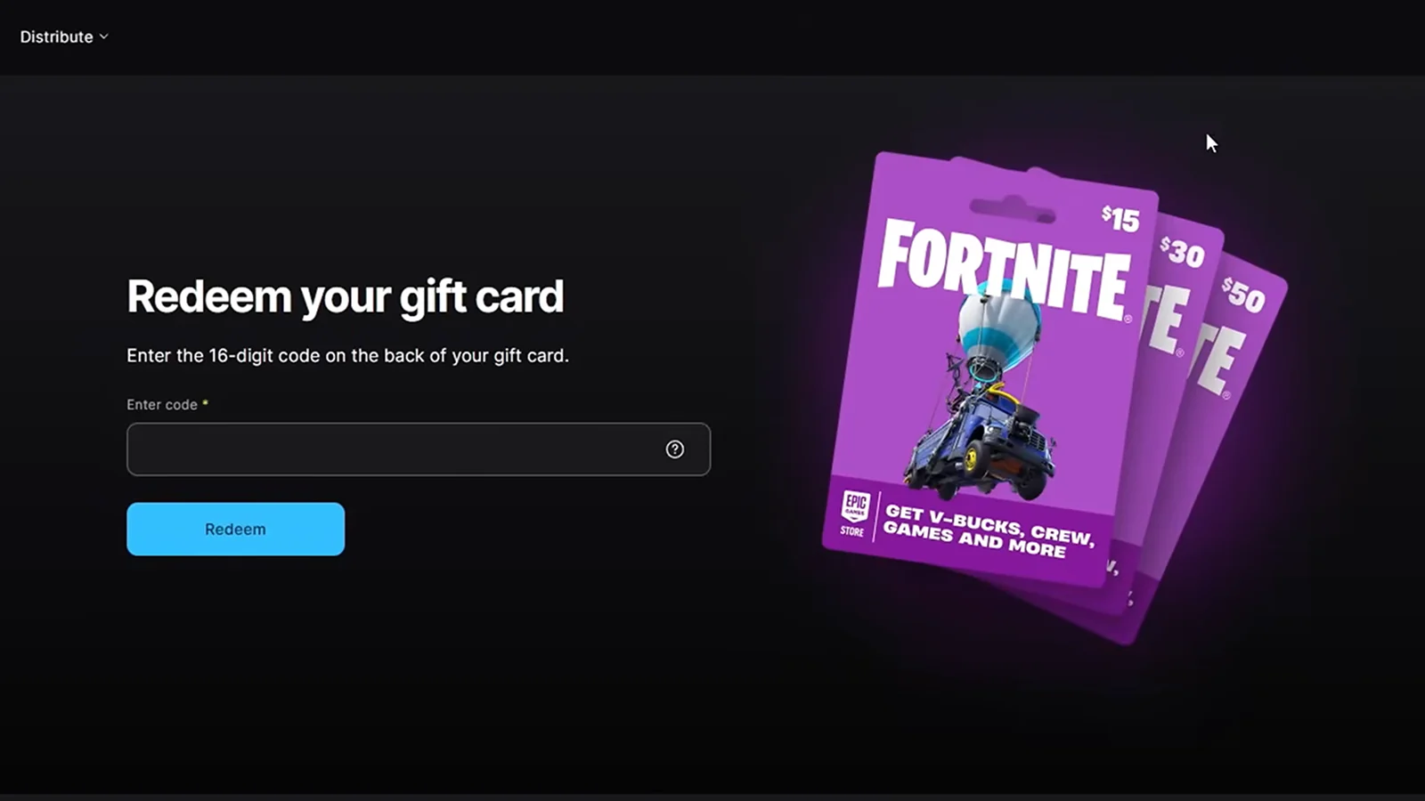 Screen showing the requirements for entering a Fortnite code with three Fortnite gift cards placed beside it.