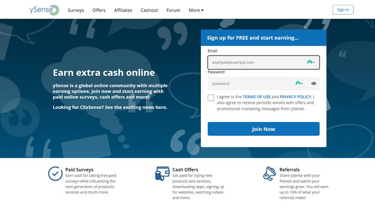 Homepage of ySense featuring a signup form and details about earning extra cash through paid surveys, cash offers, and referrals.