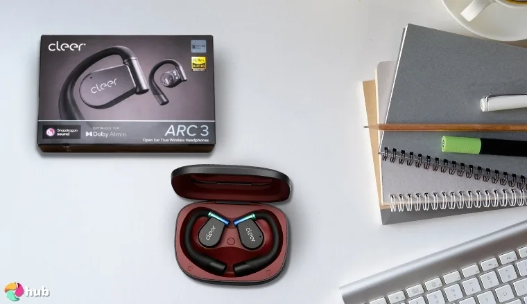 Cleer ARC 3 Open-Ear Headphones on a white office desk in close-up for a review