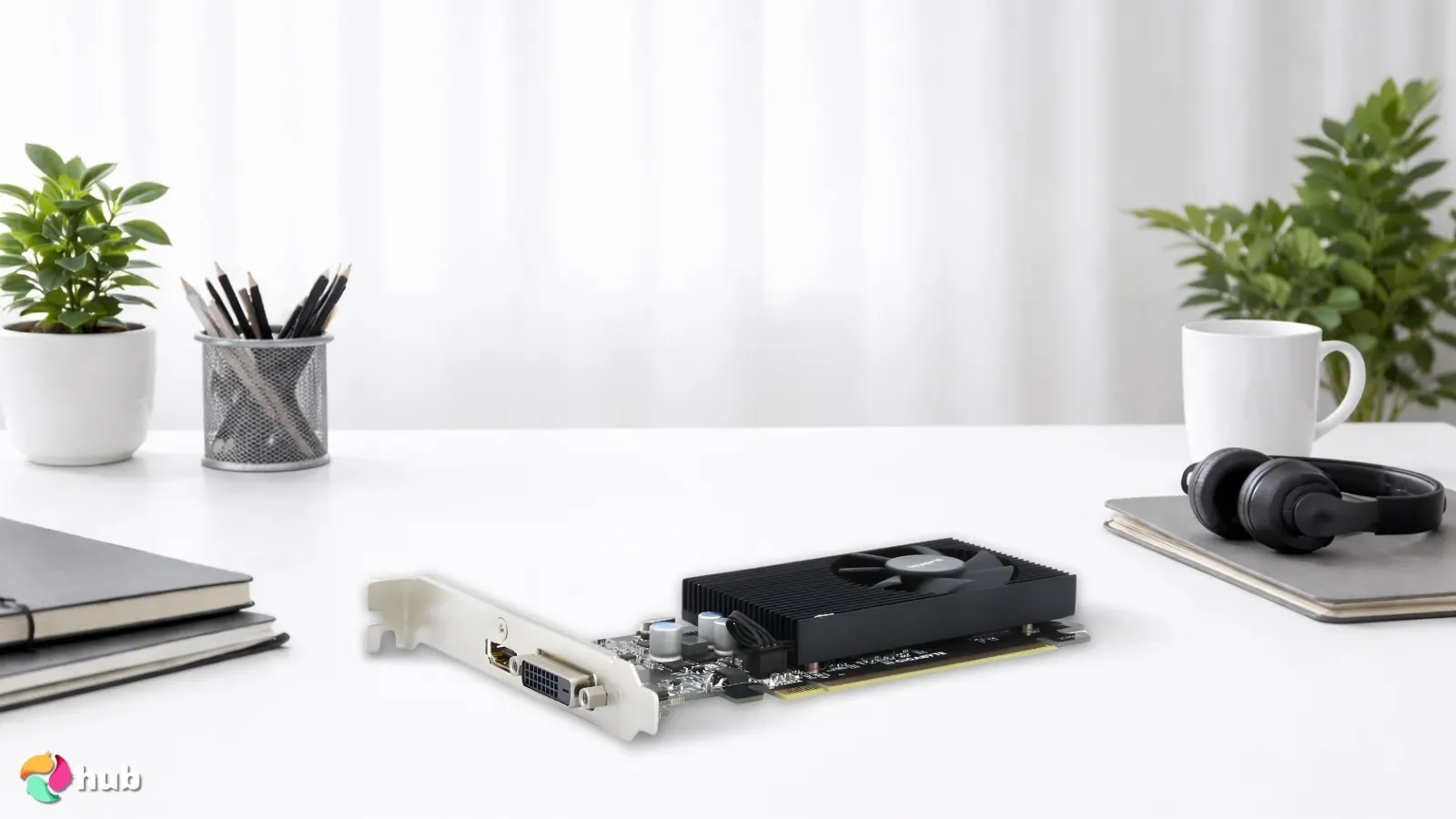 GIGABYTE GV-N1030D4-2GL GeForce GT 1030 Low Profile GPU on a white office desk arranged for a review