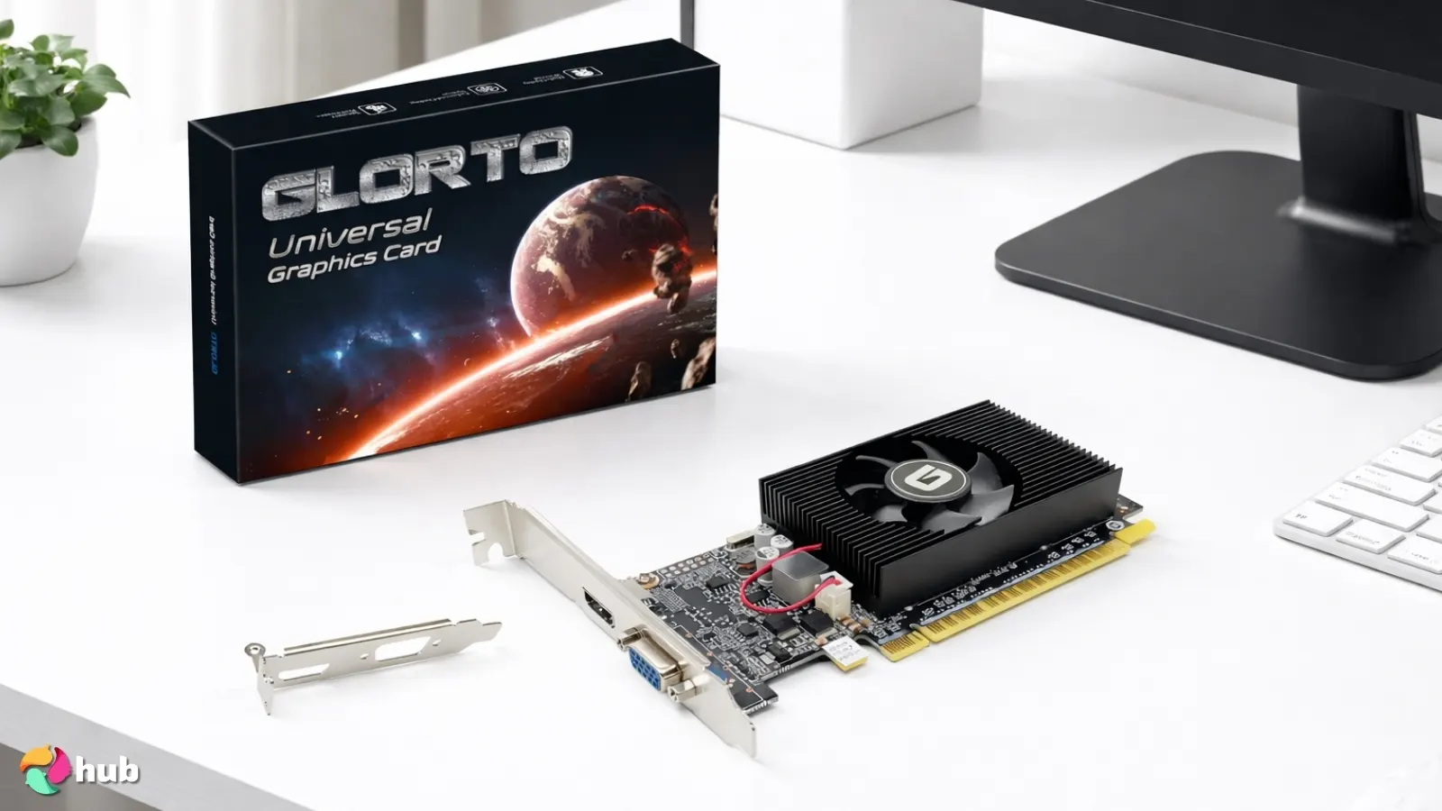 GeForce GT 610 2GB DDR3 Low Profile GPU on a white office desk set up for testing and review