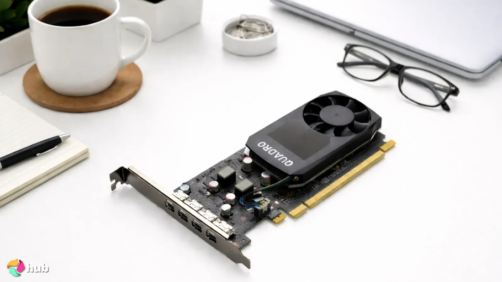 NVIDIA Quadro P1000 Low-Profile GPU on a white office desk photographed for a review