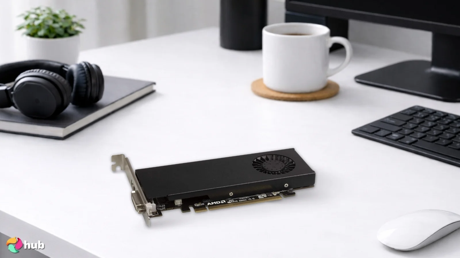 PowerColor AMD Radeon 550 Low Profile GPU on a white office desk in a bright workspace for a review