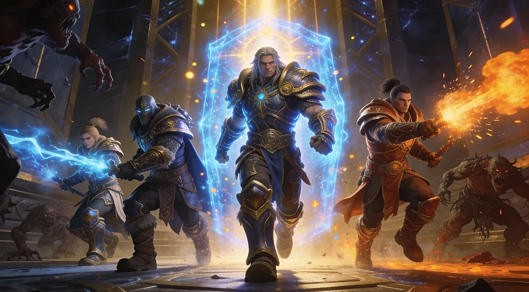 A group of heroes fighting against monsters.