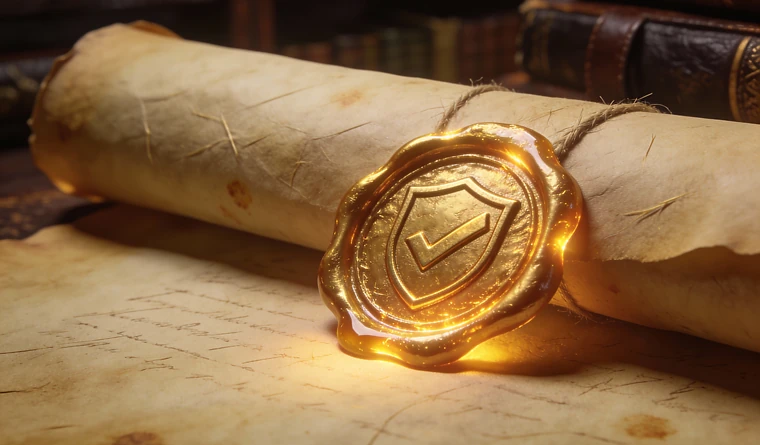 A scroll with a golden stamp.