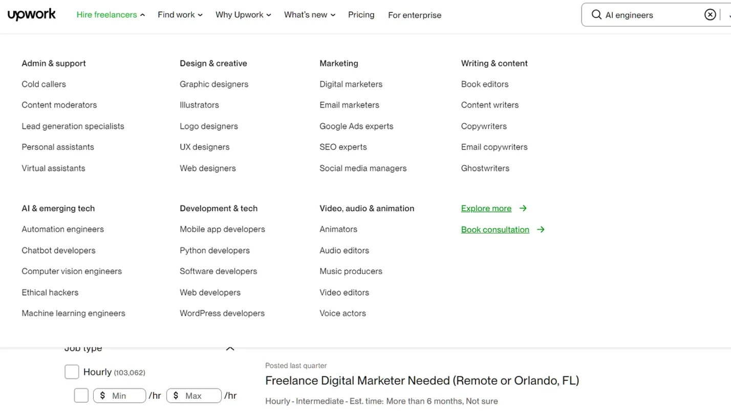 Upwork website displaying available job categories